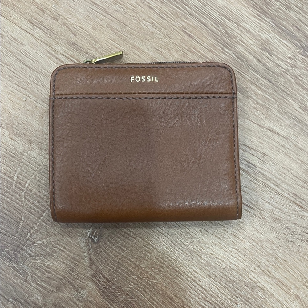 Fossil Brown Leather Wallet with Gold Zipper